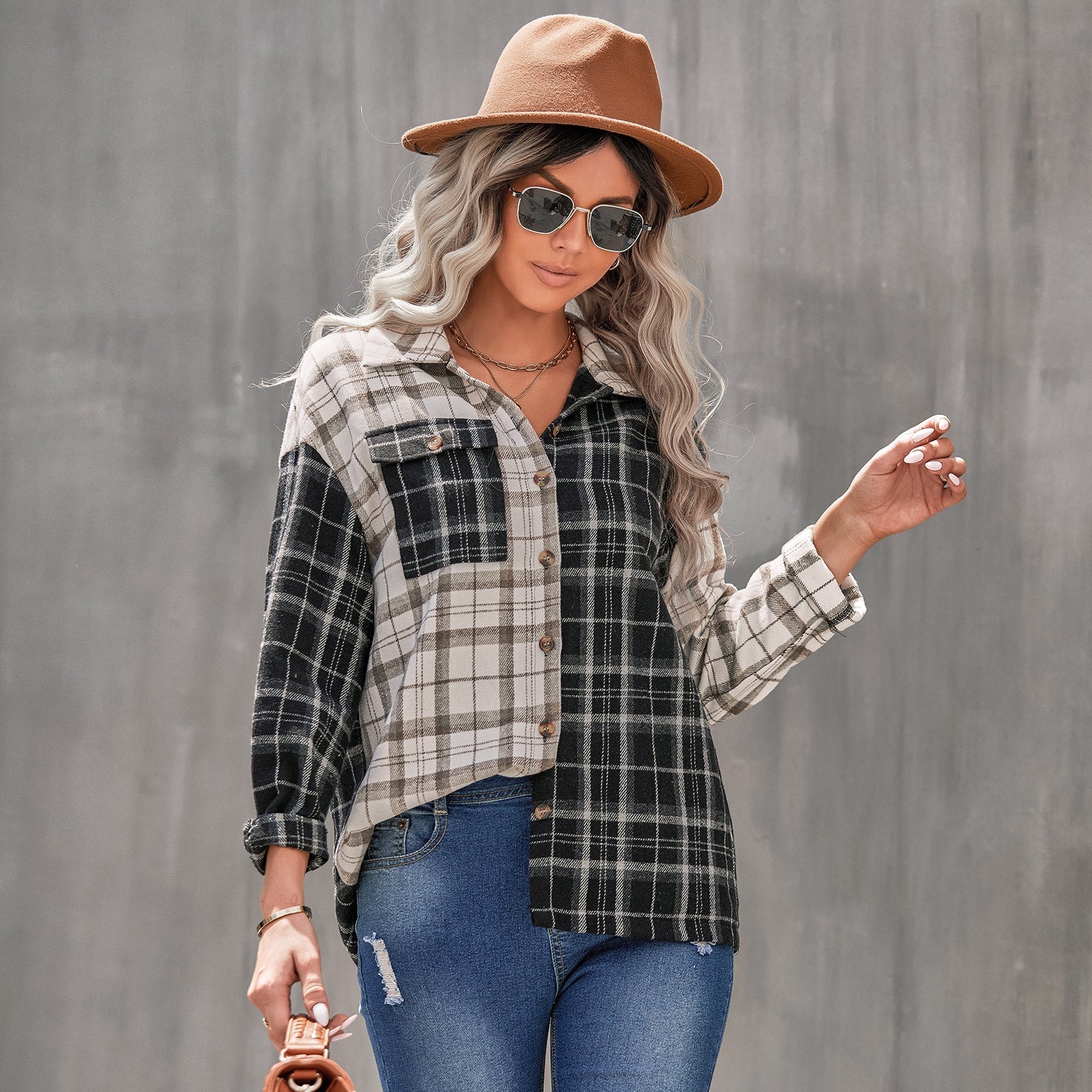 Early Autumn Polo Collar Plaid Top Women Clothing Long Sleeve Cardigan Loose Shirt Bella Mia