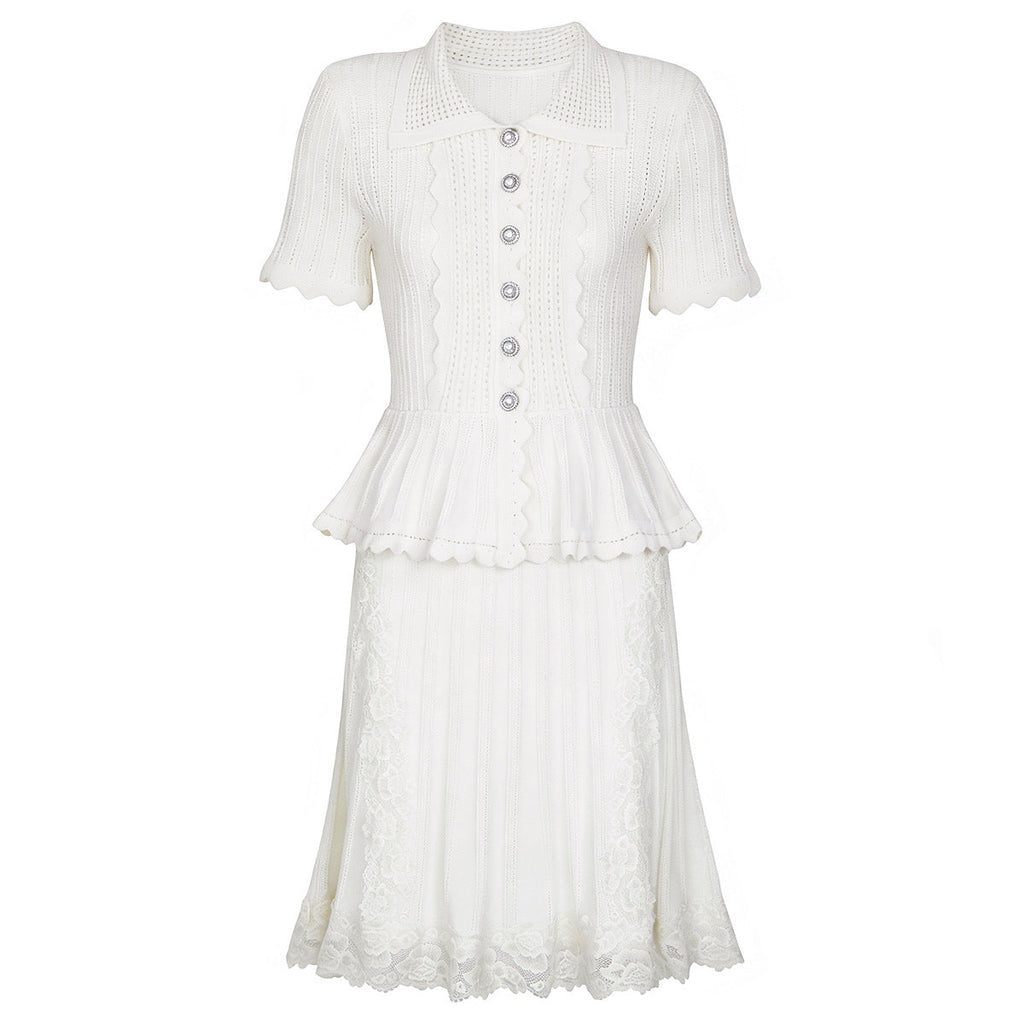 Summer Ladies Internet Popular Slim Fitting Slimming Pearl Buckle Faux Two Pieces Short Sleeve Dress