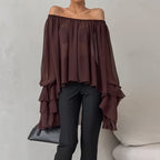 Fall Winter Retro Elegant Boat Neck Brown Chiffon Loose Sexy off the Shoulder Top Ruffled Shirt Bella Mia