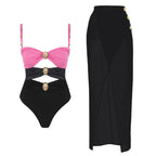 Round Buckle Decorative Color Matching Hollow Out Cutout out Swimsuit Set Women Bella Mia