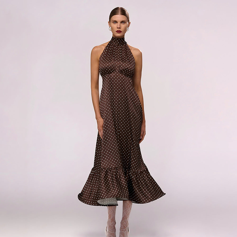 French Halter Polka Dot Satin Dress Sexy Elegant Backless Waist Trimming Dress Bella Mia