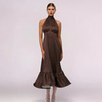 French Halter Polka Dot Satin Dress Sexy Elegant Backless Waist Trimming Dress Bella Mia