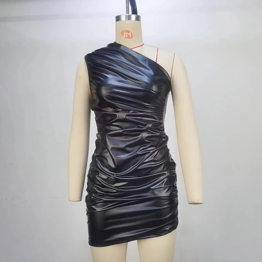 Women Clothing Summer Sleeveless Shoulder Pleated Waist Tight Sheath Dress Bella Mia