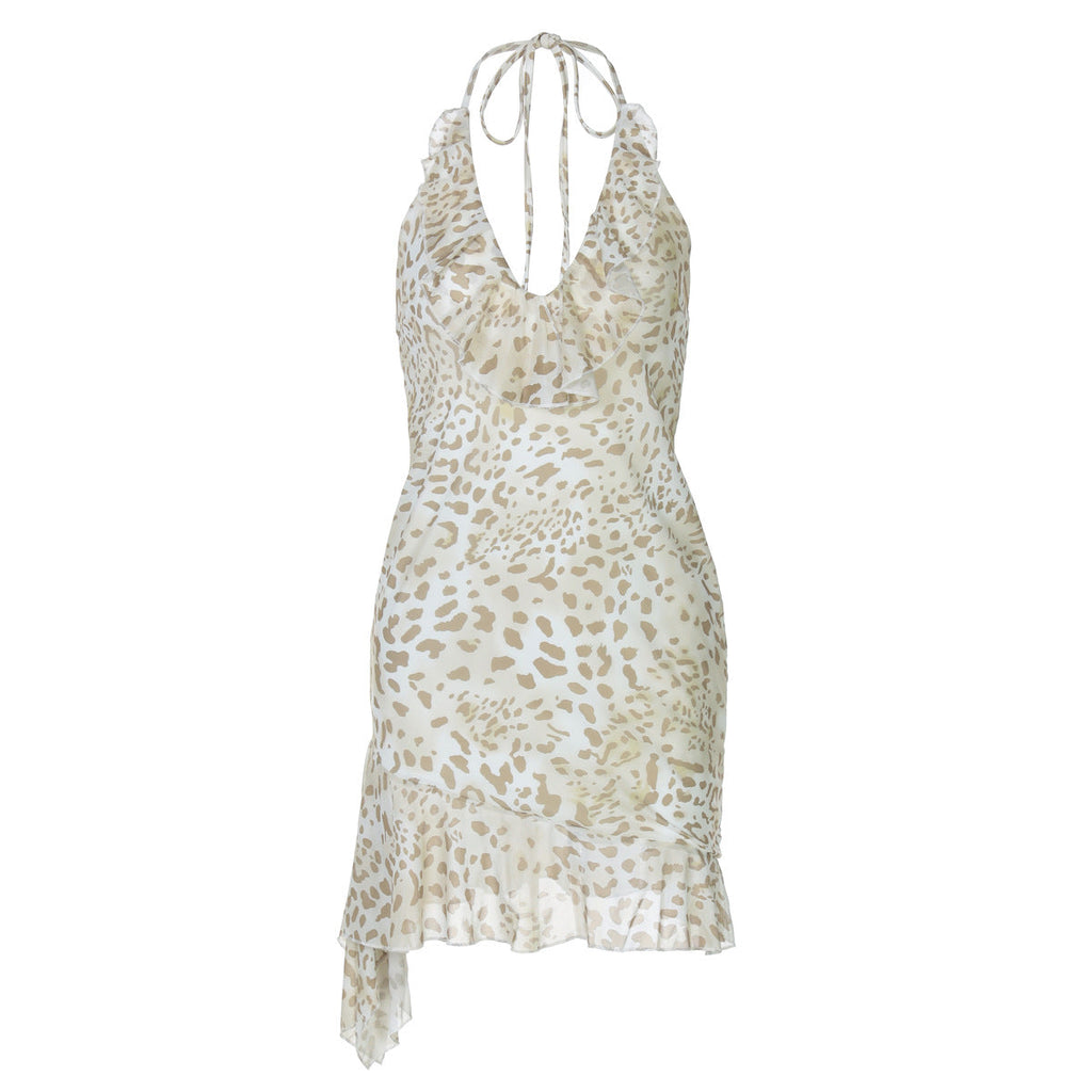 Summer Sexy Leopard Print Printed Sexy Deep V Plunge Sheath Wooden Ear Halter Dress Women Bella Mia