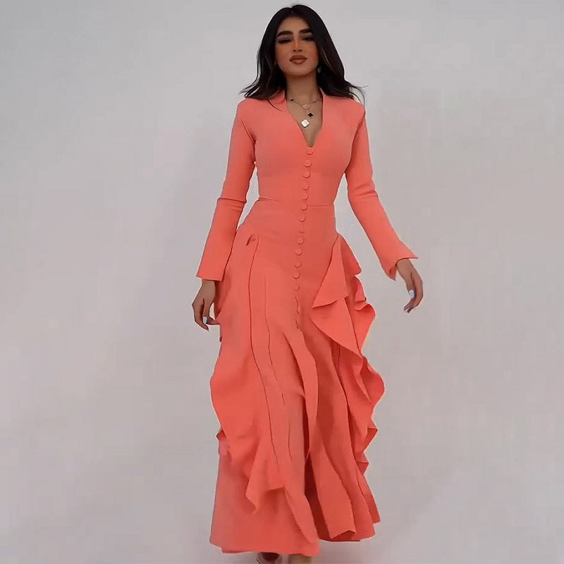 Summer V neck Long Slit Elegant Ruffle Dress Bella Mia