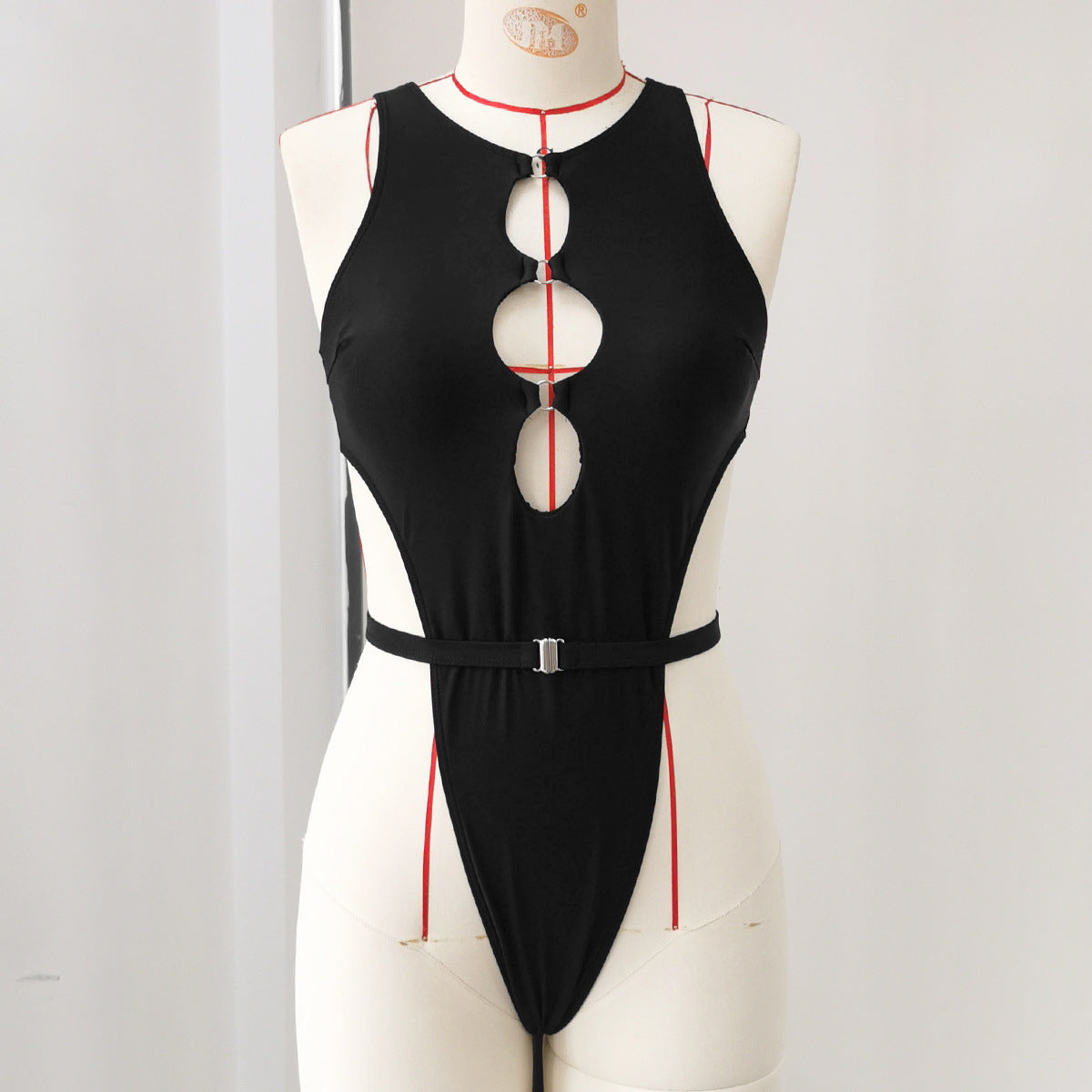 Sexy Deep V Plunge Hollow Out Cutout out High Slit Triangle One Piece Swimsuit Women Pure Black One Piece Swimsuit
