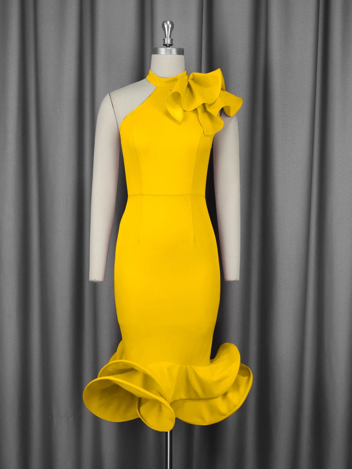 Elegant Half Turtleneck Ruffled Dress off Shoulder Ruffled Hem Cocktail Evening Dress