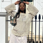 Round Neck Hollow Out Cutout Long Sleeved Criss Cross Blouse Summer See through Sexy Top Beach Sweaters Bella Mia