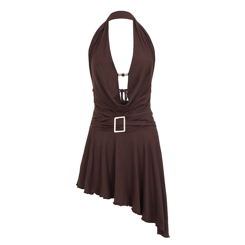 Party Short Sexy Swing Collar Halter Backless Beaded Japanese Buckle Waist Tight Irregular Asymmetric Dress Nightclub Sexy