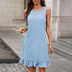 Summer round Neck Ruffled Hem Back Breasted Straight Denim Dress Bella Mia