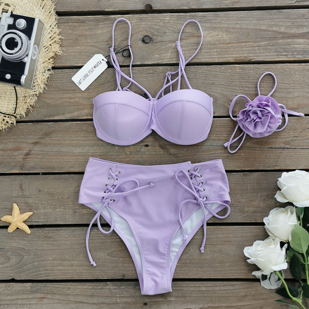 Solid Color Lace up Tube Top High Waist Bikini Skirt Three Piece Set Split Swimsuit for Women Bella Mia