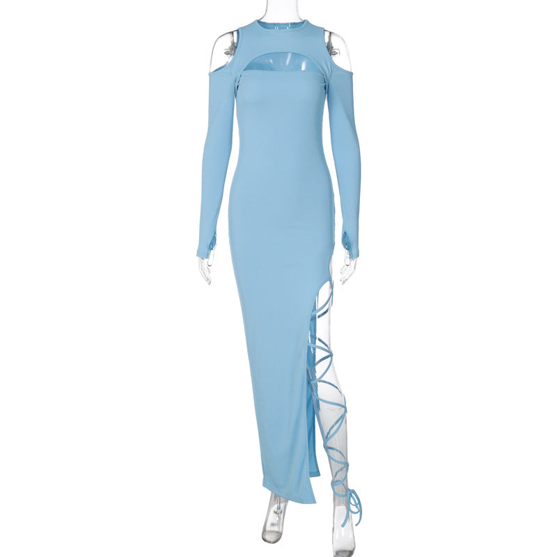 Sexy Leggings Split Dress Autumn Women Clothing Solid Color Long Sleeve Hollow Out Cutout Dress Bella Mia
