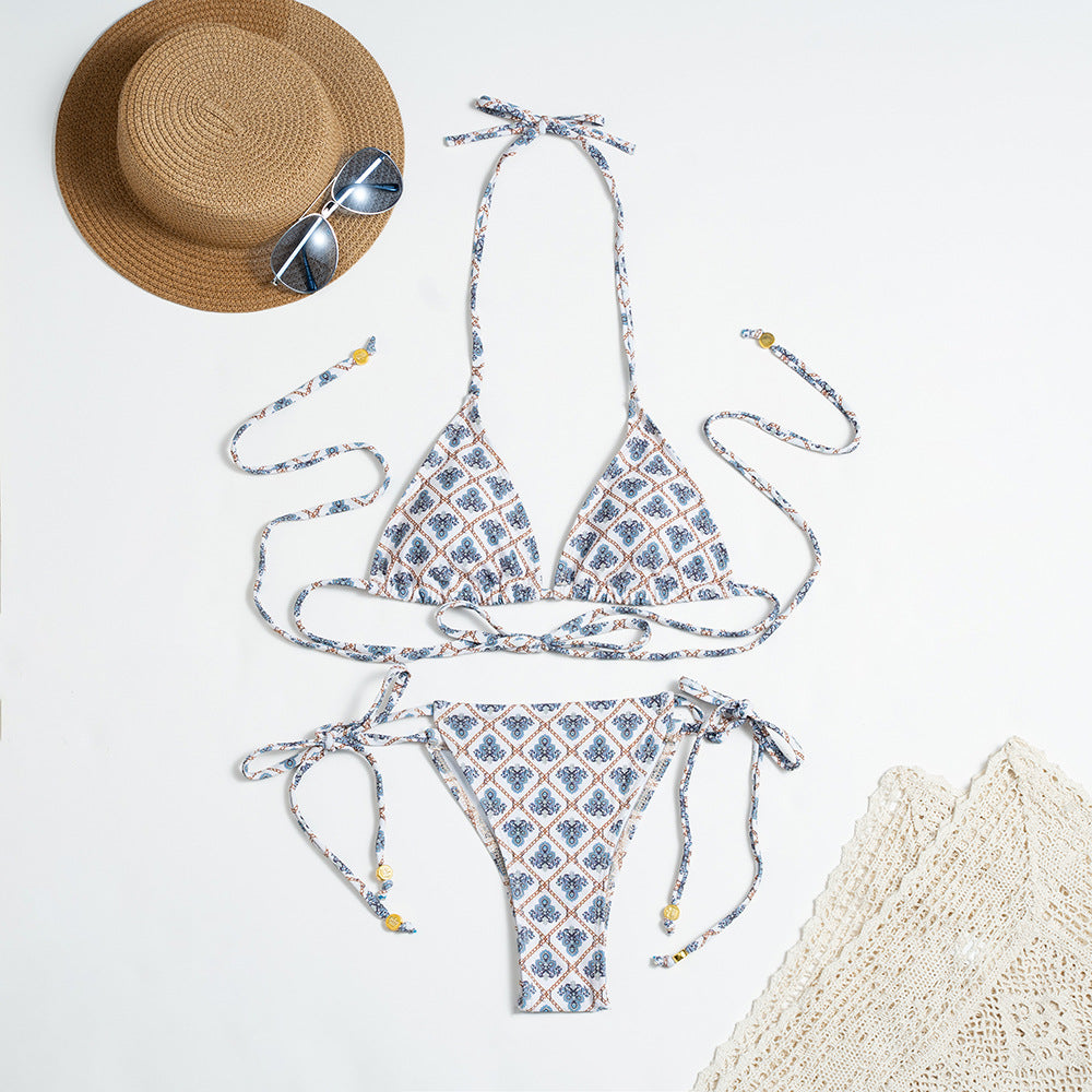 Arrival Plaid Printed Lace up Split Swimsuit Women Backless Sexy Bikini Bella Mia