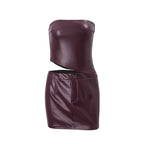 Women Clothing Fall Sexy Faux Leather Tube Top Irregular Asymmetric Top Hip Skirt Set Bella Mia