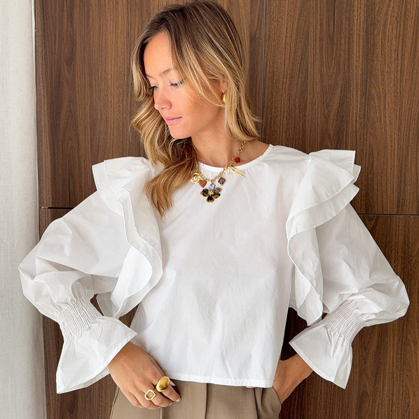 Gentle Polyester Cotton White Flying Sleeve Backless Hollow Out Cutout out Long Sleeved Top Women Office Top Bella Mia