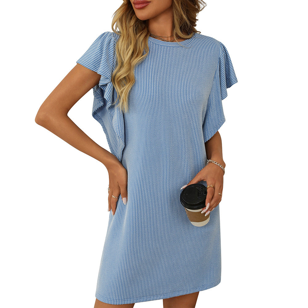 Summer Women Clothing Contrast Color Twist Strip Ruffle Sleeve Mid Length Dress
