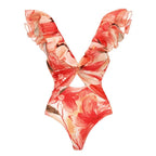 V neck Hollow Out Cutout Flounced One Piece Swimsuit Women Bella Mia