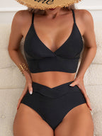 Bikini Solid Color Deep V Plunge Neck Backless Sexy Bikini Split Swimsuit Swimwear Bella Mia