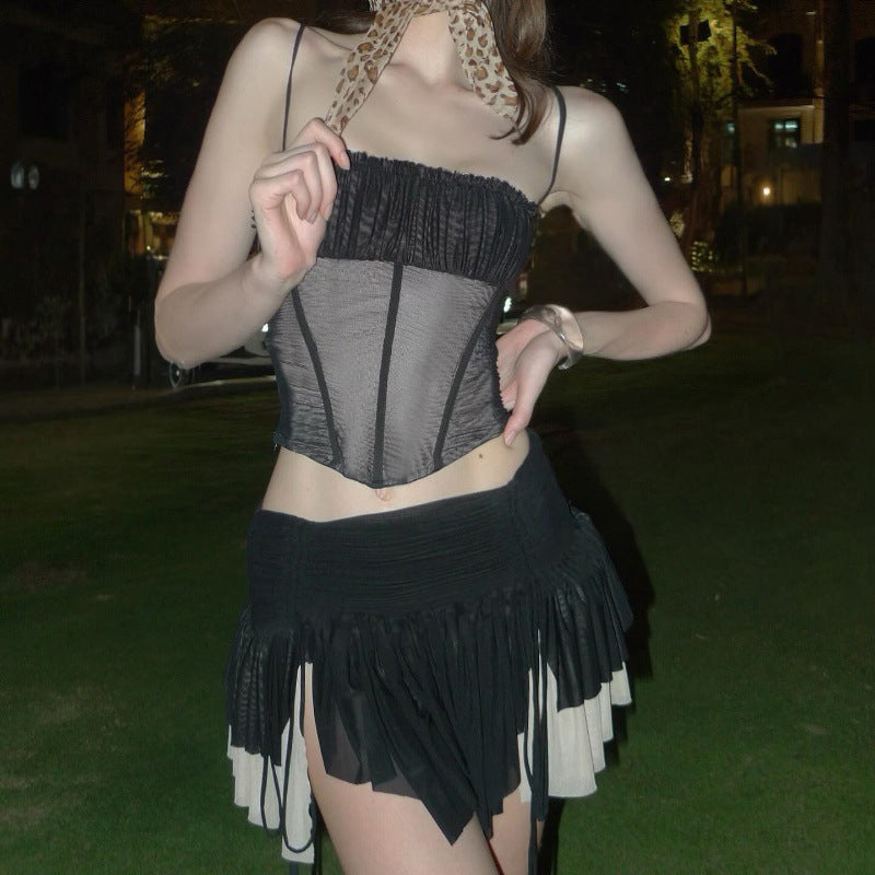 Women Clothing Summer Sexy Mesh Irregular Asymmetric Top Sexy Color Block Skirt Set Bella Mia