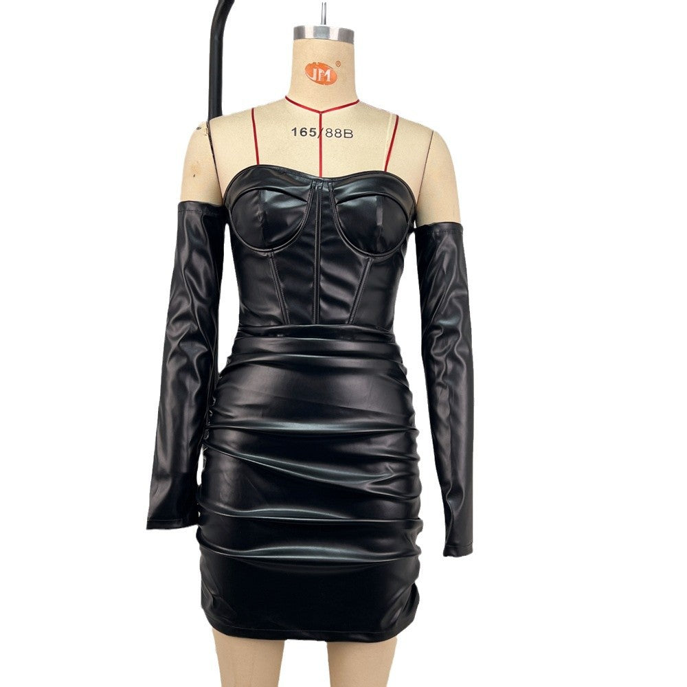 Tube Top Package Hip Dress Spring Summer Sexy off Shoulder Pleated Leather Boning Corset Waist Controlled Bella Mia