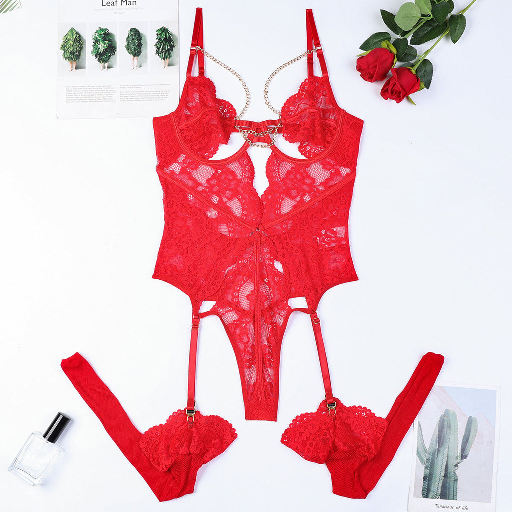 Red Lace Women Clothing Sexy Deep V Plunge Metal Chain Chest Hollow Out Cutout out Sexy Bustiers Bella Mia