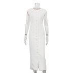 Round Neck Flying Sleeves Dress Women Elegant Waist Single Breasted White Sheath Dress Bella Mia