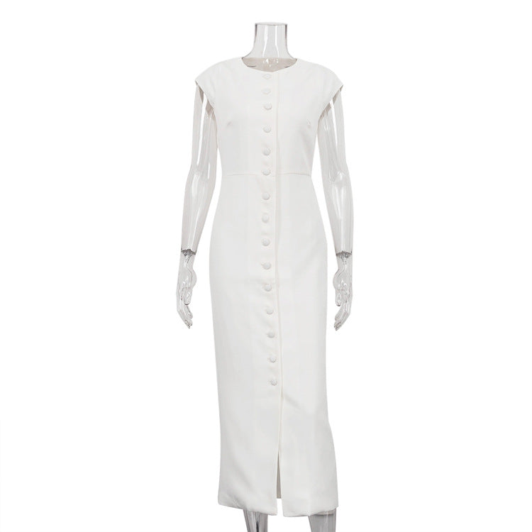 Round Neck Flying Sleeves Dress Women Elegant Waist Single Breasted White Sheath Dress Bella Mia