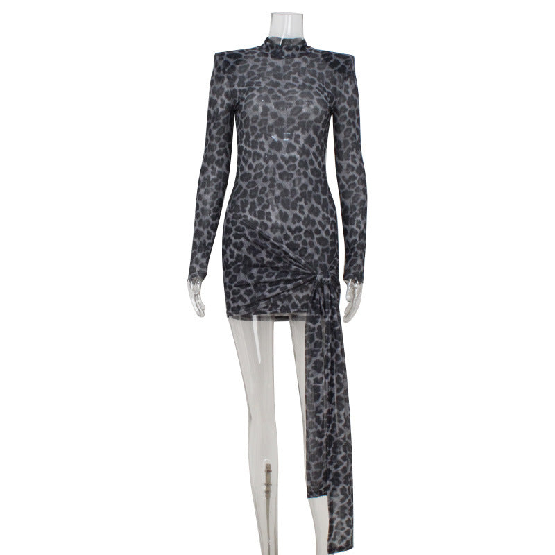 Women Clothing Mesh See through Leopard Print Lace up Waist Tight Sexy Dress Bella Mia