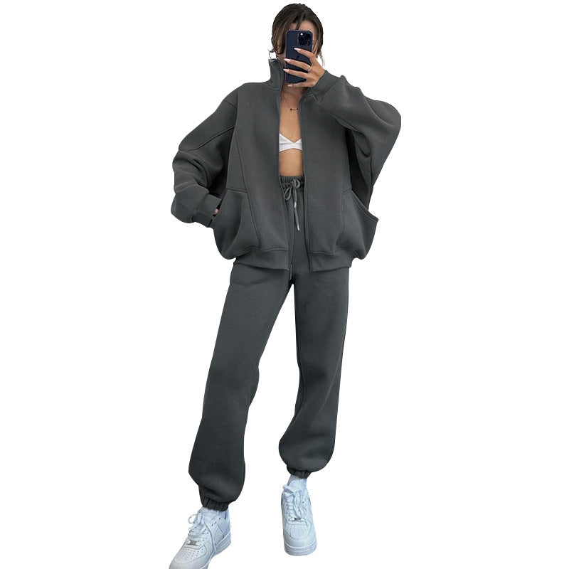Autumn Winter Solid Color Stand Collar Cardigan Long Sleeve Sweaters Women Clothing Casual Trousers Suit Bella Mia