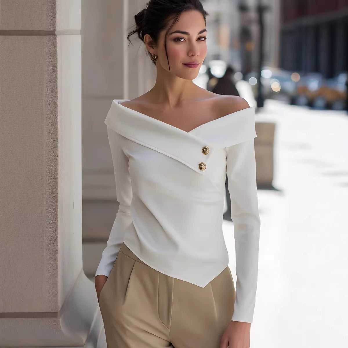 Women Clothing Spring Autumn Elegant Graceful off Shoulder Bottoming Long Sleeve Solid Color Bella Mia