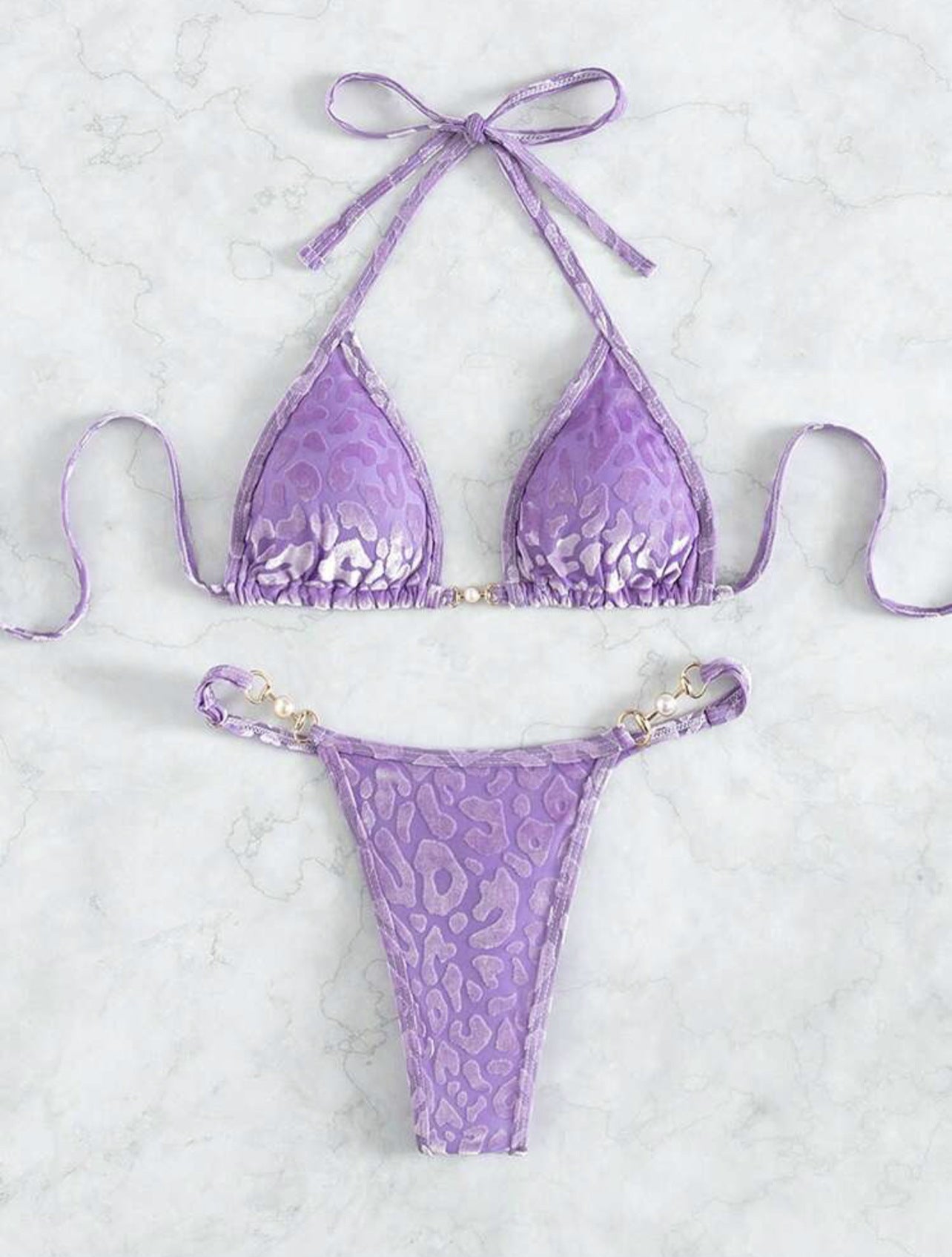 Sexy T Shaped Pearl Leopard Special Fabric Swimwear Swimsuit Bikini