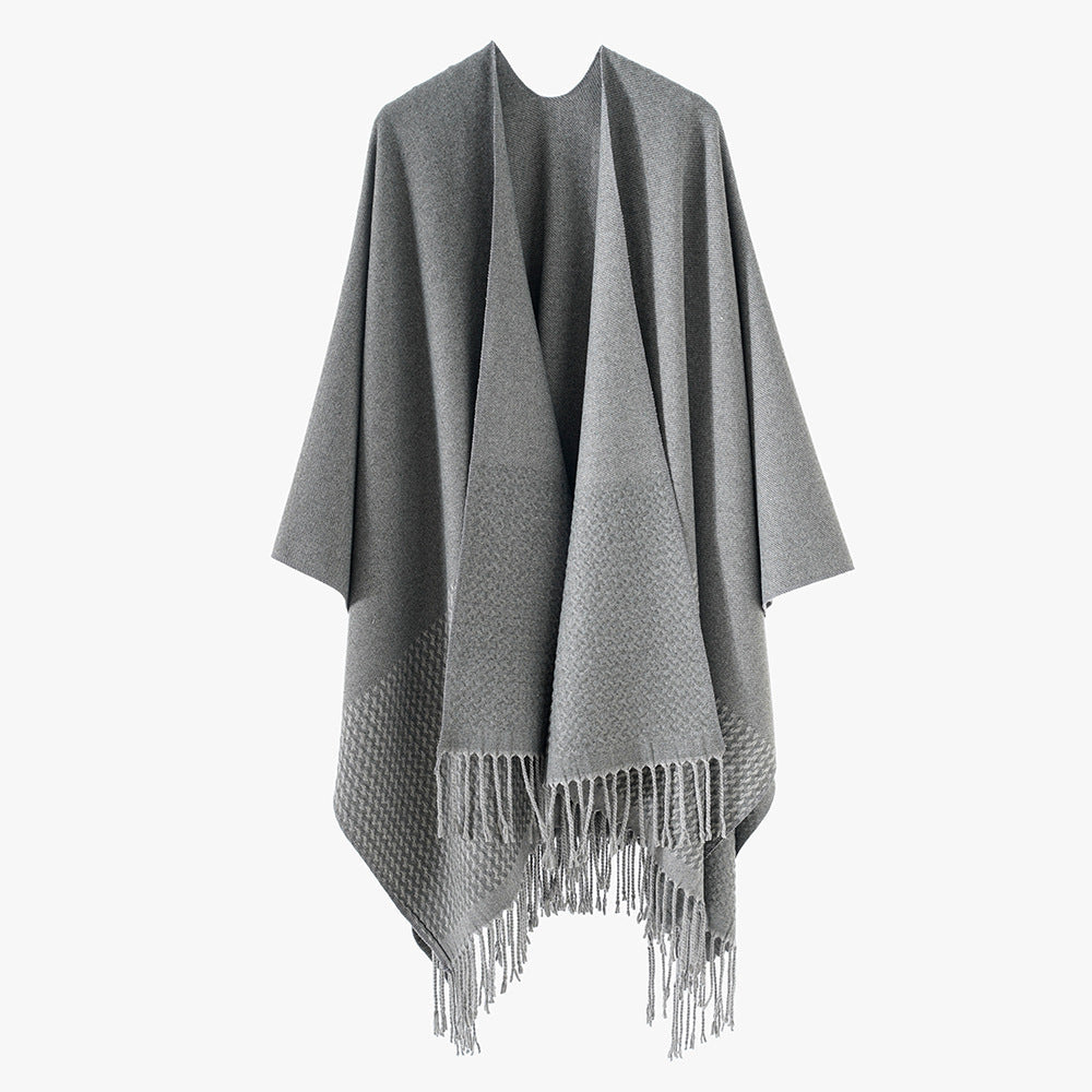 Solid Color Cashmere like Tassel Large Split Shawl Warm Monochrome Cape Plain Shawl Bella Mia