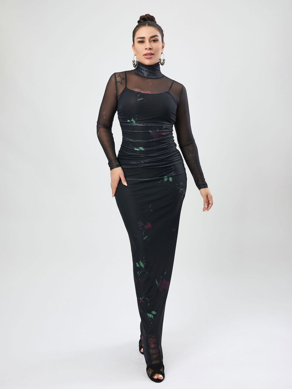 Autumn Printed Mesh See Through Dress Turtleneck Long Sleeve Spaghetti Strap Two Piece Maxi Dress Bella Mia