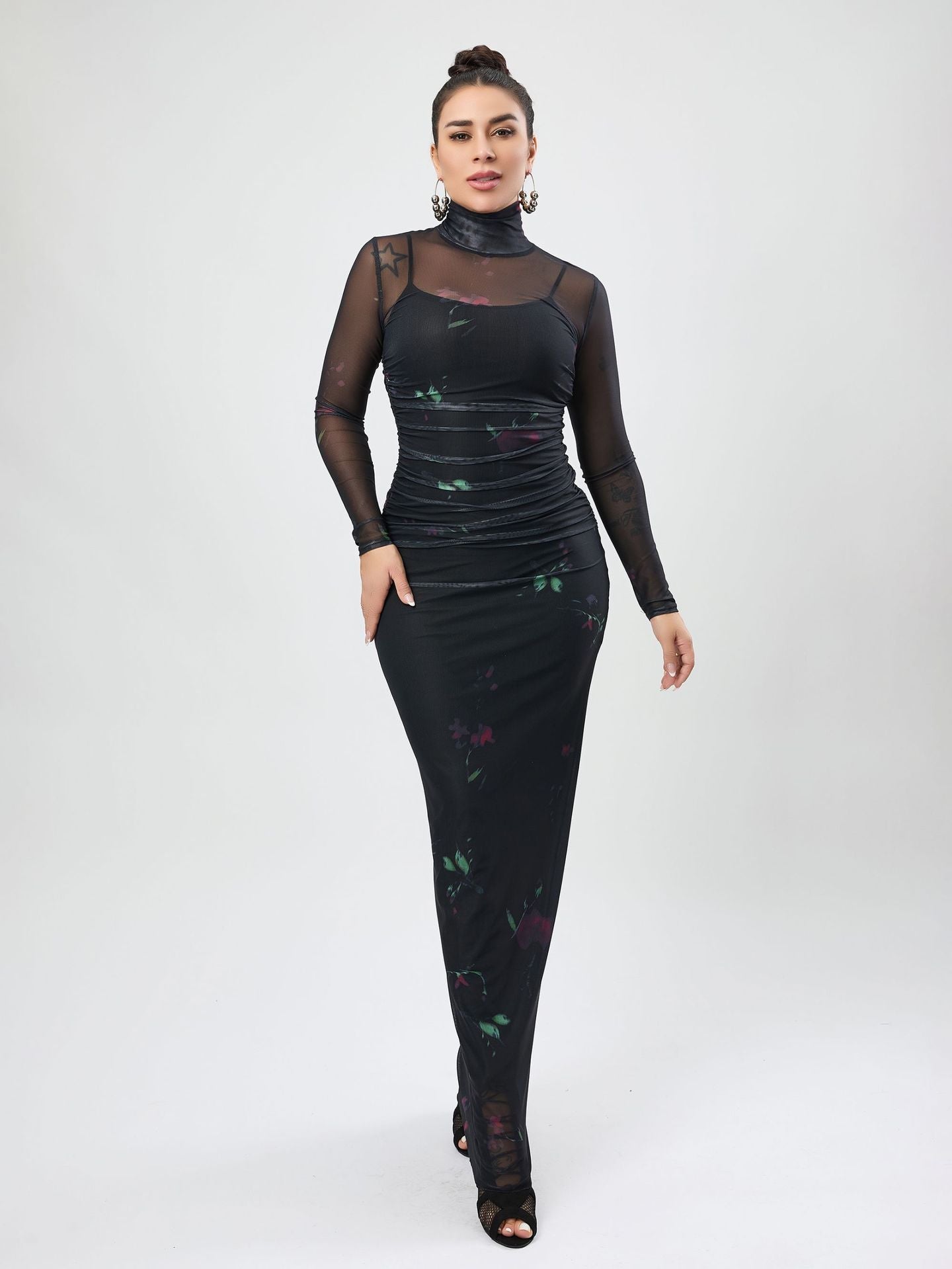 Autumn Printed Mesh See Through Dress Turtleneck Long Sleeve Spaghetti Strap Two Piece Maxi Dress Bella Mia