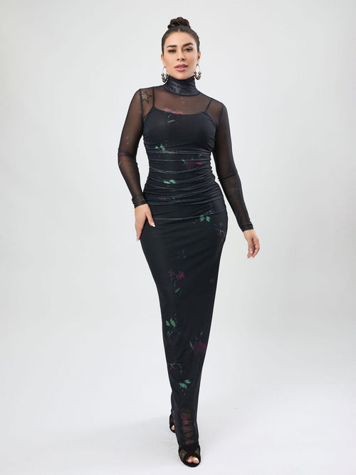 Autumn Printed Mesh See Through Dress Turtleneck Long Sleeve Spaghetti Strap Two Piece Maxi Dress Bella Mia