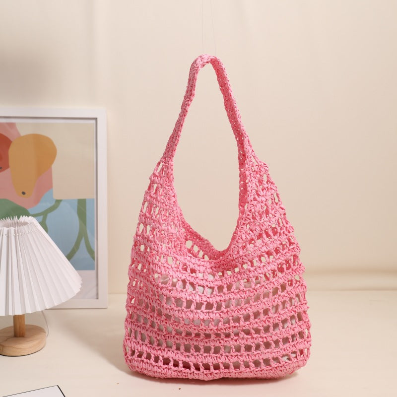 French Large Capacity Shoulder Straw Bag Hollow Out Cutout Tote Portable Straw Bag Woven Bag Seaside Vacation Beach Bag Bella Mia