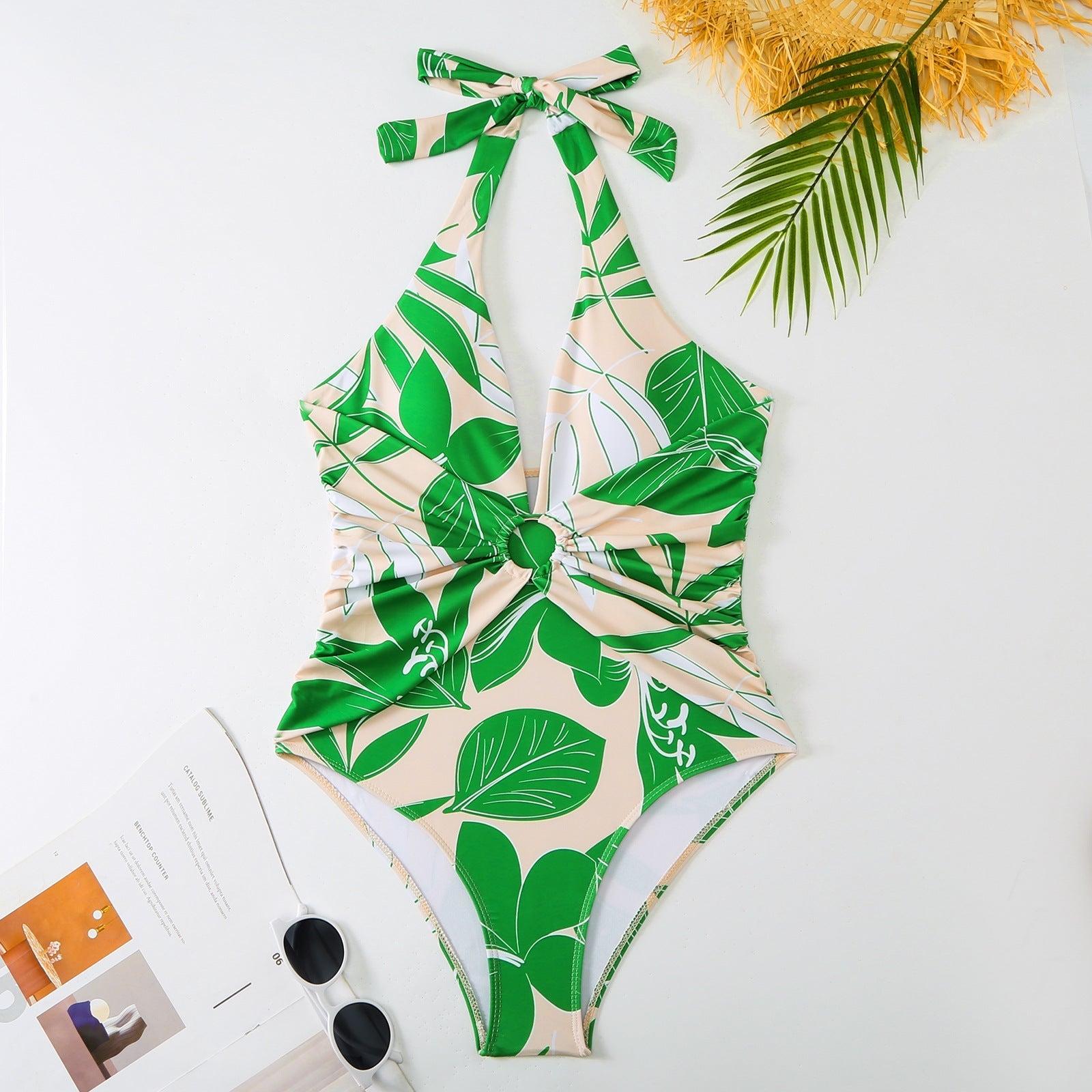 One Piece Swimsuit Women Slimming Retro Swimsuit Green Printing Suit Chiffon Dress Bella Mia