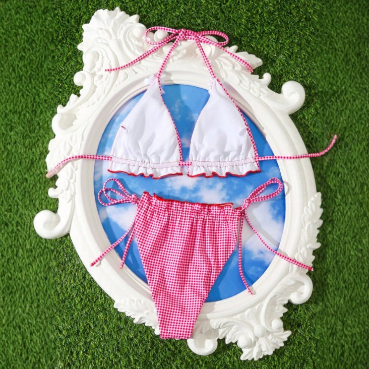 Sweet Sexy Bow Floral Plaid Split Vacation Swimsuit Women Bikini Bella Mia