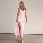 Spring Summer Slim Strap Dress Sexy V neck Ruffled Split Dress Bella Mia
