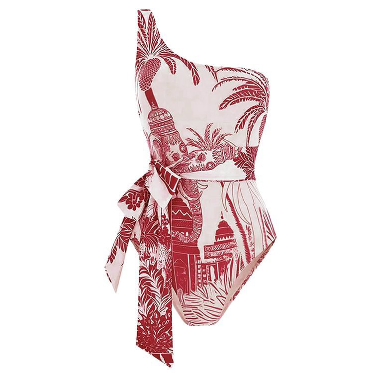 Slant Shoulder Slimming Printed Belt One Piece Swimsuit Women Clothing Bella Mia