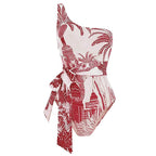 Slant Shoulder Slimming Printed Belt One Piece Swimsuit Women Clothing Bella Mia