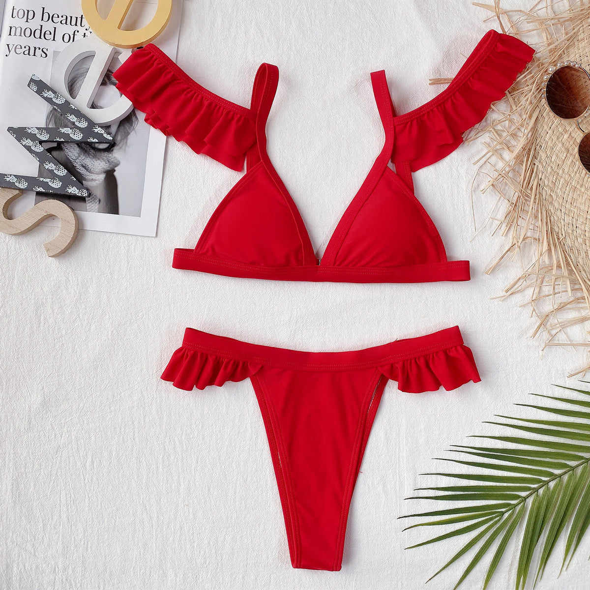 Outer Single Swimsuit Solid Color Lotus Sleeve Women Seperated Swimwear Swimsuit Bella Mia