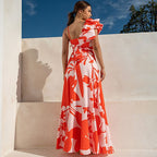 One Shoulder Ruffled Hollow Out Cutout Printed One Piece Swimsuit Women Skirt Bella Mia