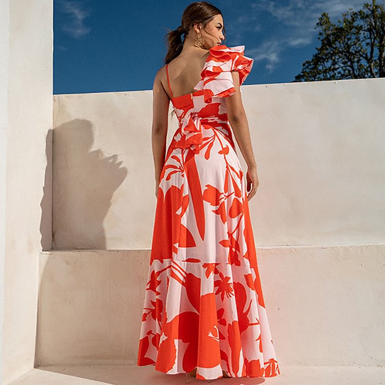 One Shoulder Ruffled Hollow Out Cutout Printed One Piece Swimsuit Women Skirt Bella Mia