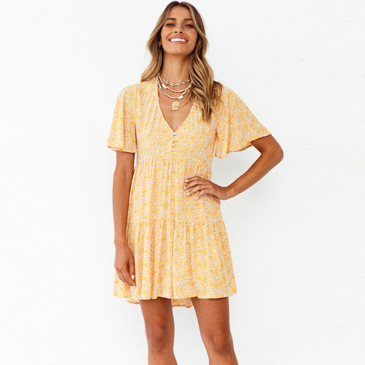Spring Summer New V-neck Flared Short Sleeve Printed Pleated Large Swing Dress Women Clothing