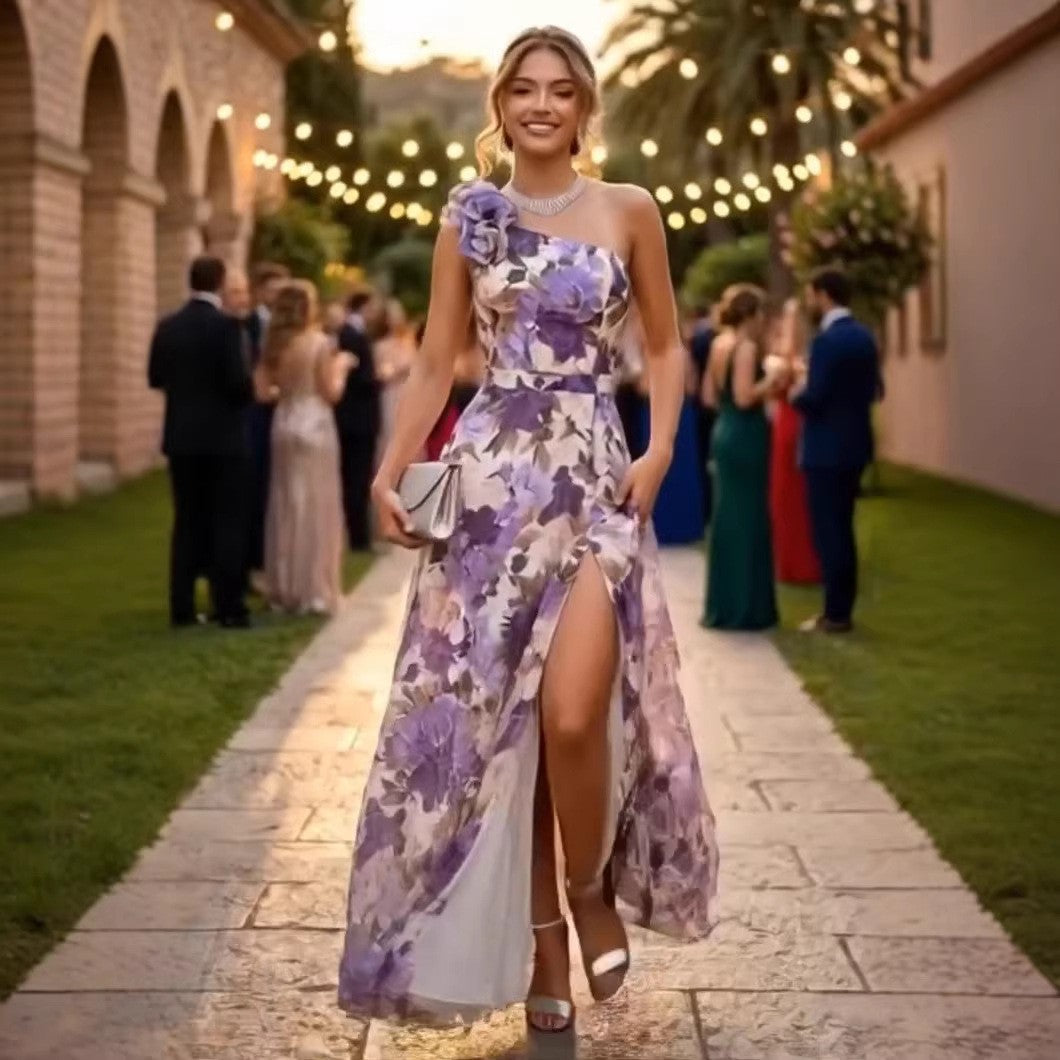 Summer Slim Fit Slimming Waist Slant Shoulder Floral Print Slit Maxi Dress Bella Mia