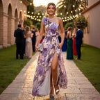 Summer Slim Fit Slimming Waist Slant Shoulder Floral Print Slit Maxi Dress Bella Mia