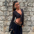 Top Sexy Cropped Chest Strap Design Long Sleeve Wrapped Chest Sexy T shirt Women Clothing