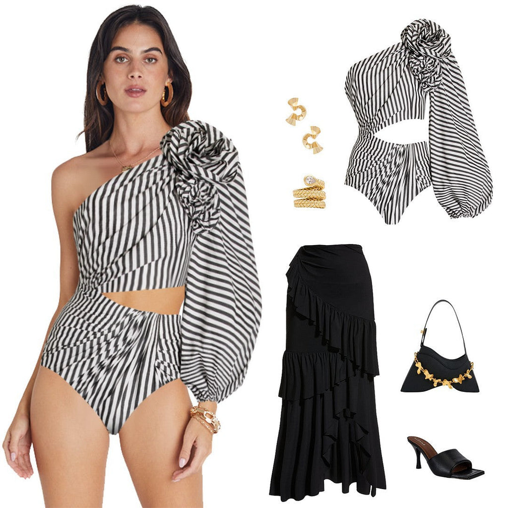 Sexy One Piece Swimsuit Women Pleated Ruffled Striped Swimsuit Bikini Mesh Maxi Dress Bella Mia