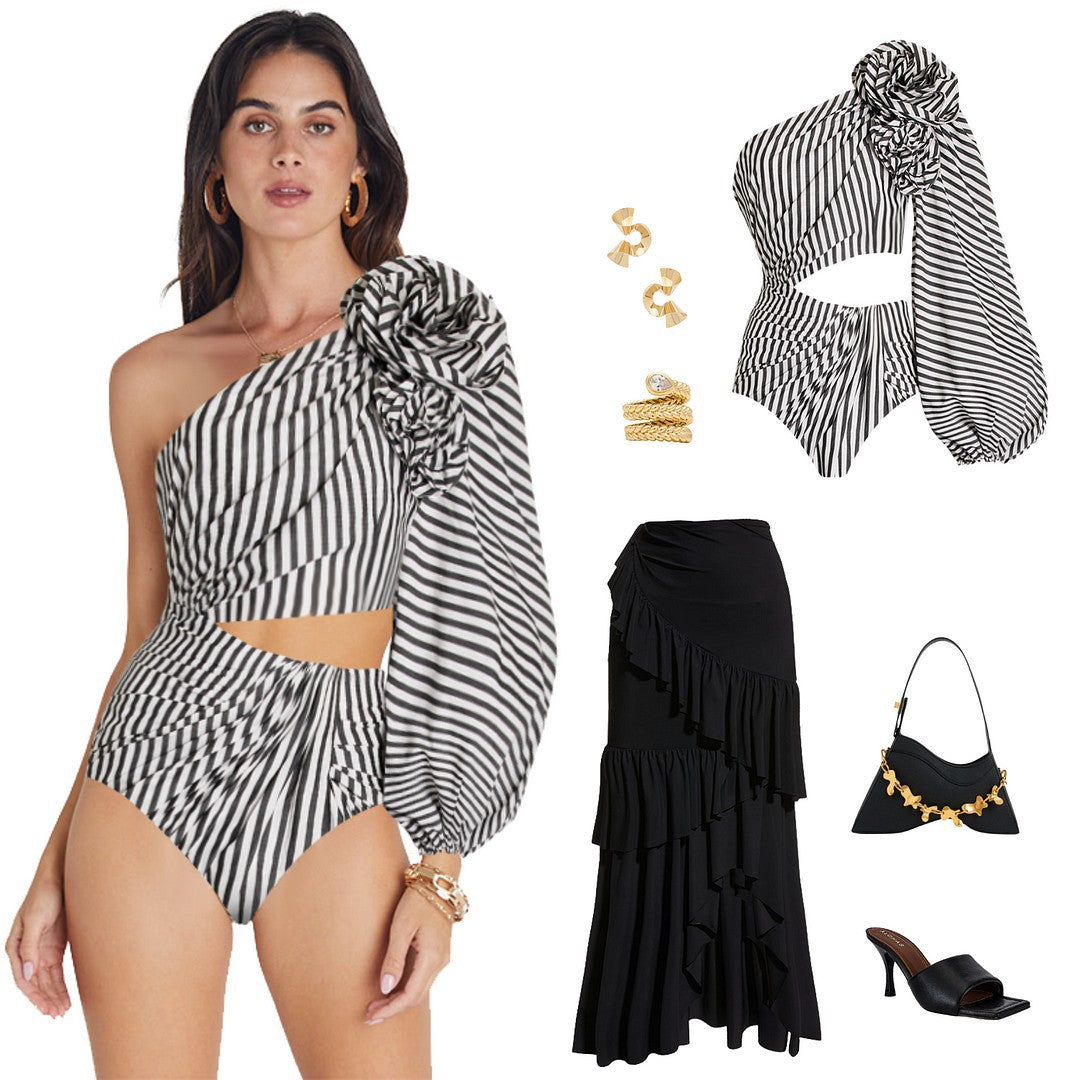 Sexy One Piece Swimsuit Women Pleated Ruffled Striped Swimsuit Bikini Mesh Maxi Dress Bella Mia